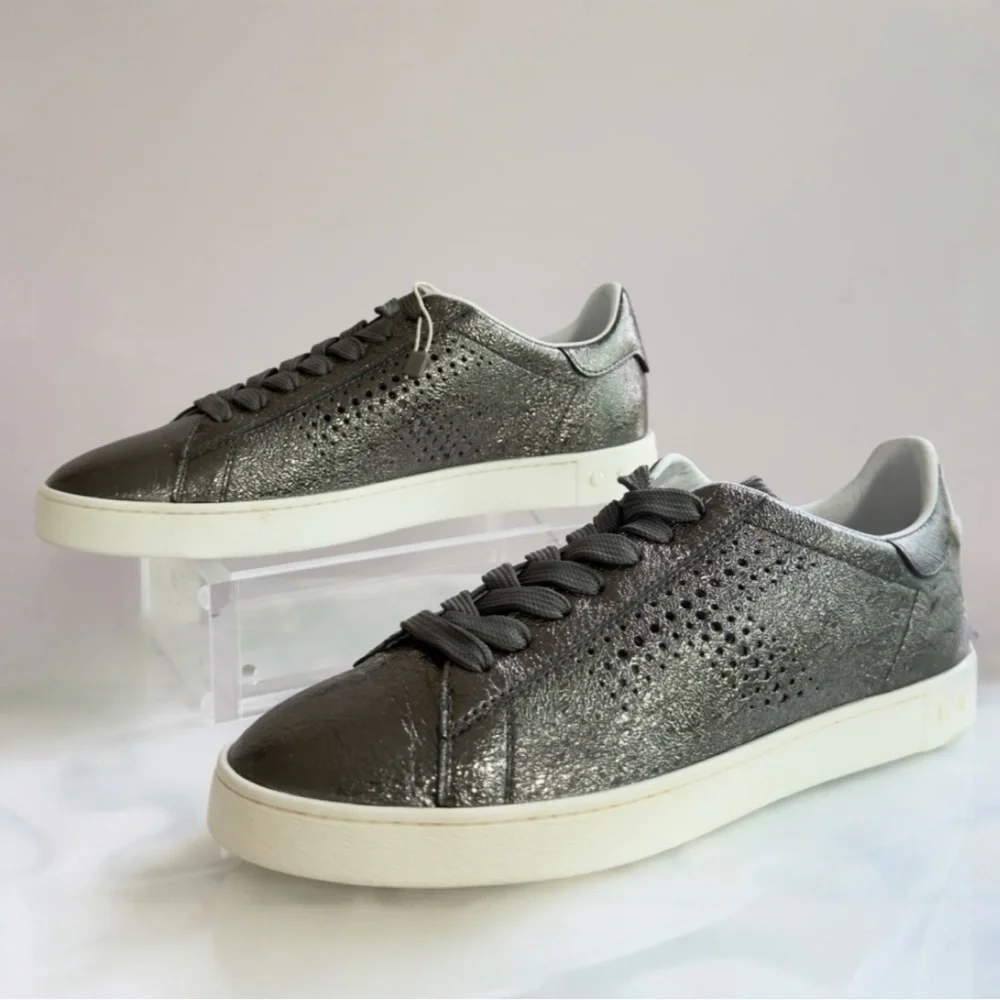 Tod's Women’s Metallic Gunmetal Silver Perforated Leather Low Top Sneakers NEW